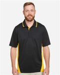 Harriton M386 Men's Flash Snag Protection Plus IL Colorblock Polo - Black/ Sunray Yellow - model front