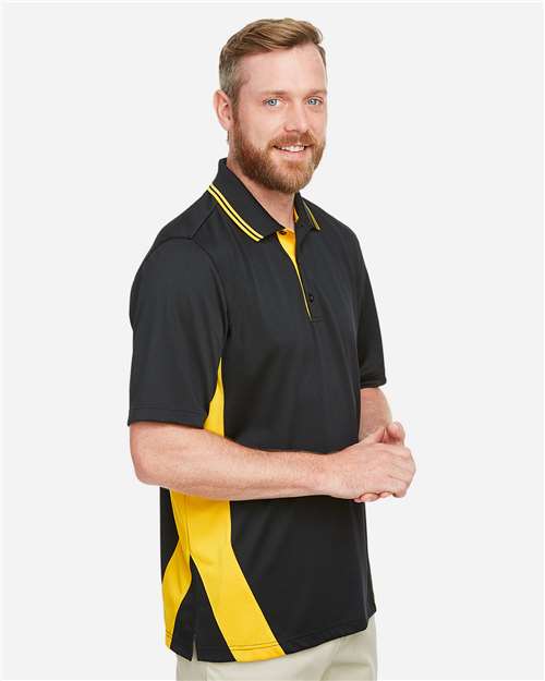 Harriton M386 Men's Flash Snag Protection Plus IL Colorblock Polo - Black/ Sunray Yellow - model side