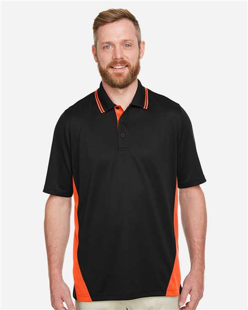 Harriton M386 Men's Flash Snag Protection Plus IL Colorblock Polo - Black/ Team Orange - model front