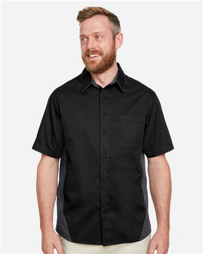 Harriton M586 Men's Flash IL Colorblock Shirt - Black/ Dark Charcoal - model front