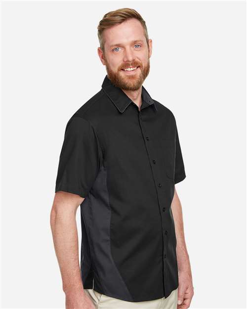 Harriton M586 Men's Flash IL Colorblock Shirt - Black/ Dark Charcoal - model side