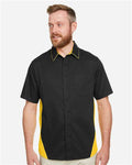Harriton M586 Men's Flash IL Colorblock Shirt - Black/ Sunray Yellow - model front