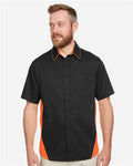 Harriton M586 Men's Flash IL Colorblock Shirt - Black/ Team Orange - model front