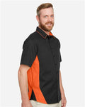 Harriton M586 Men's Flash IL Colorblock Shirt - Black/ Team Orange - model side