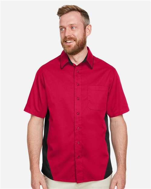 Harriton M586 Men's Flash IL Colorblock Shirt - Red/ Black - model front