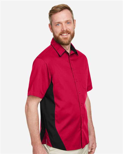 Harriton M586 Men's Flash IL Colorblock Shirt - Red/ Black - model side