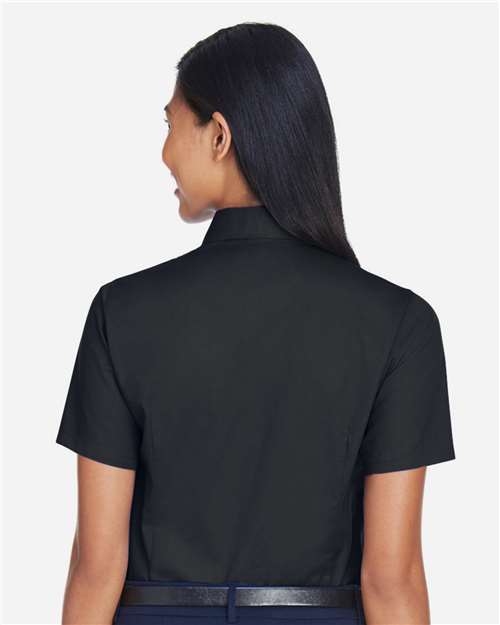 Harriton M500SW Women's Easy Blend Short Sleeve Twill Dress Shirt with Stain-Release - Black - model back