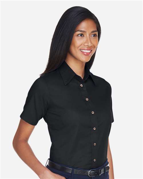 Harriton M500SW Women's Easy Blend Short Sleeve Twill Dress Shirt with Stain-Release - Black - model side