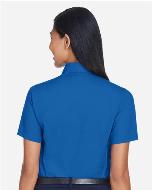 Harriton M500SW Women's Easy Blend Short Sleeve Twill Dress Shirt with Stain-Release - French Blue - model back