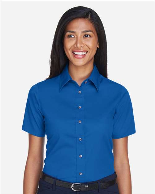 Harriton M500SW Women's Easy Blend Short Sleeve Twill Dress Shirt with Stain-Release - French Blue - model front