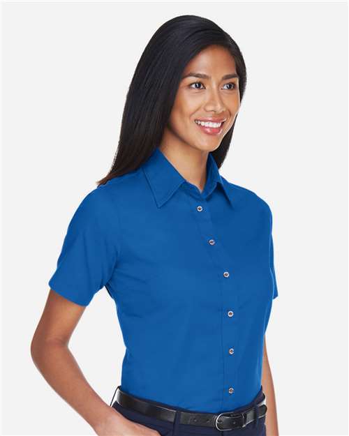 Harriton M500SW Women's Easy Blend Short Sleeve Twill Dress Shirt with Stain-Release - French Blue - model side