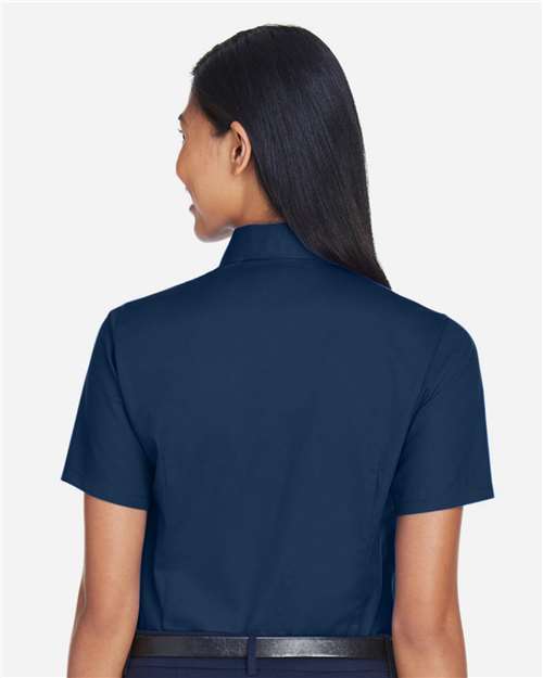 Harriton M500SW Women's Easy Blend Short Sleeve Twill Dress Shirt with Stain-Release - Navy - model back