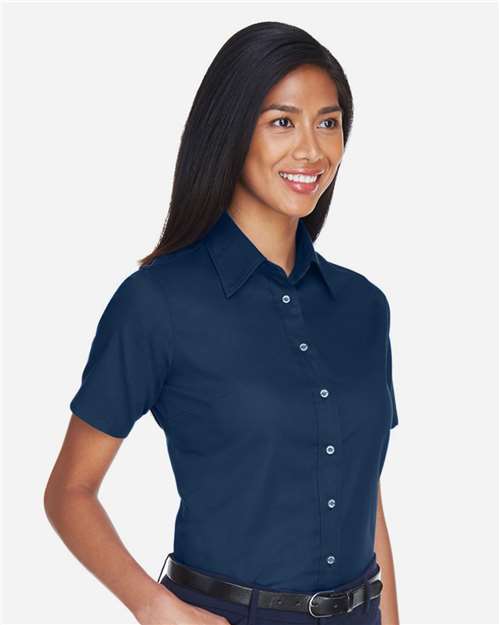 Harriton M500SW Women's Easy Blend Short Sleeve Twill Dress Shirt with Stain-Release - Navy - model side