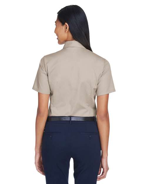 Harriton M500SW Women's Easy Blend Short Sleeve Twill Dress Shirt with Stain-Release - Stone - model back