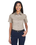 Harriton M500SW Women's Easy Blend Short Sleeve Twill Dress Shirt with Stain-Release - Stone - model front