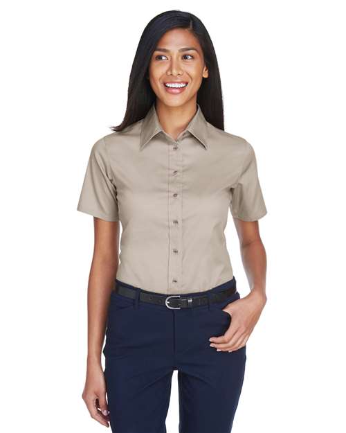 Harriton M500SW Women's Easy Blend Short Sleeve Twill Dress Shirt with Stain-Release - Stone - model front