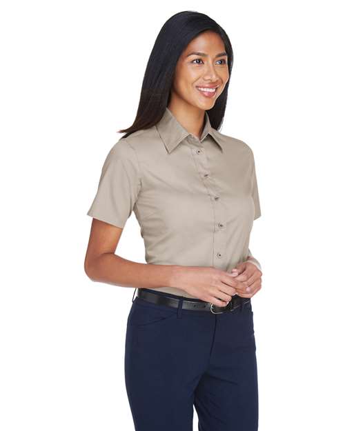 Harriton M500SW Women's Easy Blend Short Sleeve Twill Dress Shirt with Stain-Release - Stone - model side