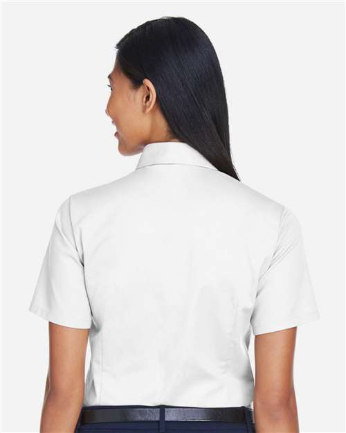 Harriton M500SW Women's Easy Blend Short Sleeve Twill Dress Shirt with Stain-Release - White - model back