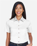 Harriton M500SW Women's Easy Blend Short Sleeve Twill Dress Shirt with Stain-Release - White - model front