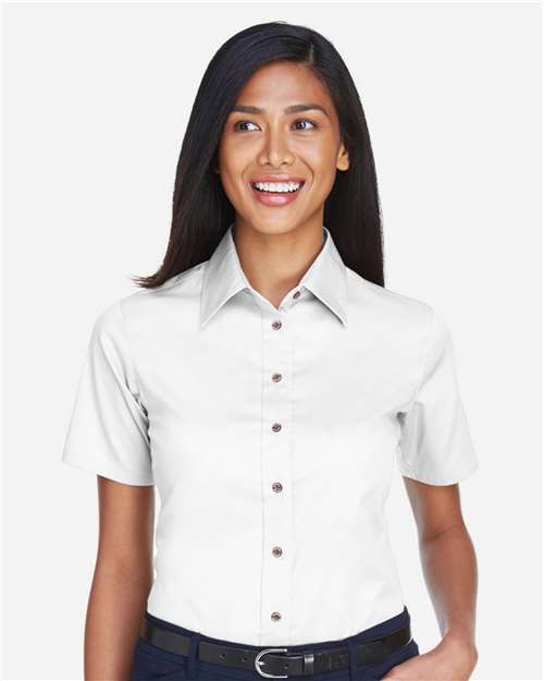 Harriton M500SW Women's Easy Blend Short Sleeve Twill Dress Shirt with Stain-Release - White - model front