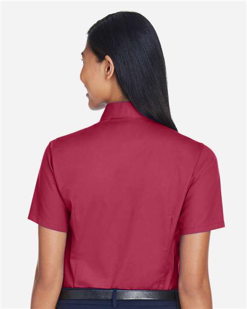 Harriton M500SW Women's Easy Blend Short Sleeve Twill Dress Shirt with Stain-Release - Wine - model back