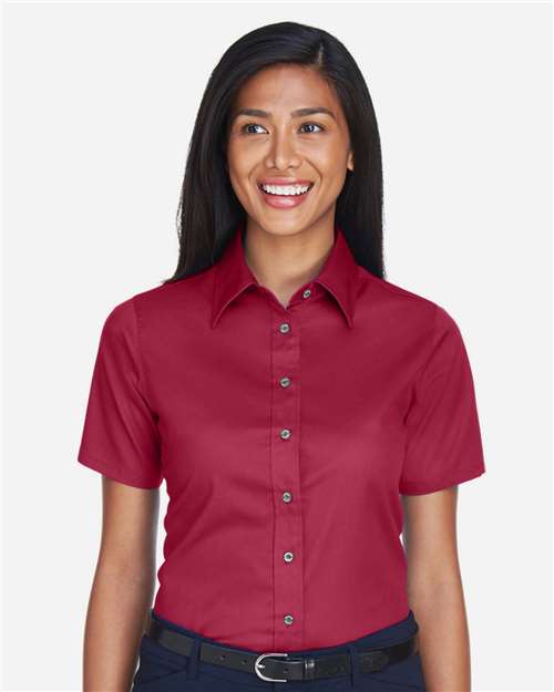 Harriton M500SW Women's Easy Blend Short Sleeve Twill Dress Shirt with Stain-Release - Wine - model front