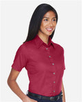 Harriton M500SW Women's Easy Blend Short Sleeve Twill Dress Shirt with Stain-Release - Wine - model side