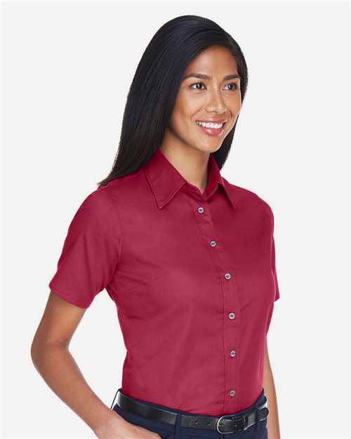 Harriton M500SW Women's Easy Blend Short Sleeve Twill Dress Shirt with Stain-Release - Wine - model side