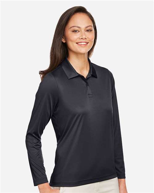 Team 365 TT51LW Women's Zone Performance Long Sleeve Polo - Black - model side