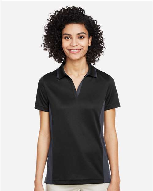 Harriton M386W Women's Flash Snag Protection Plus IL Colorblock Polo - Black/ Dark Charcoal - model front