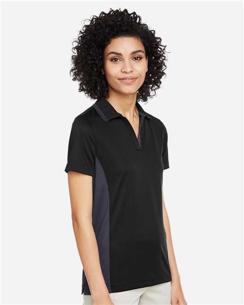Harriton M386W Women's Flash Snag Protection Plus IL Colorblock Polo - Black/ Dark Charcoal - model side