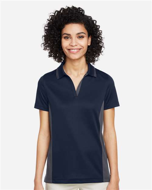 Harriton M386W Women's Flash Snag Protection Plus IL Colorblock Polo - Dark Navy/ Dark Charcoal - model front