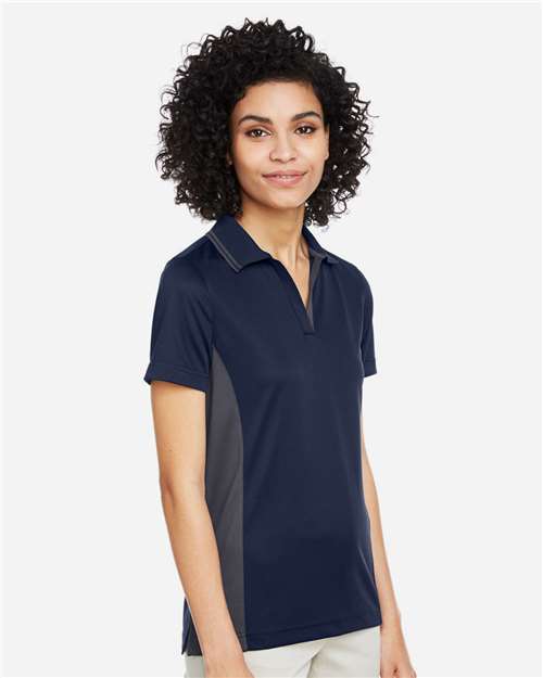 Harriton M386W Women's Flash Snag Protection Plus IL Colorblock Polo - Dark Navy/ Dark Charcoal - model side