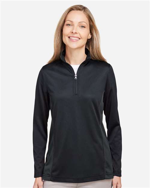Harriton M786W Women's Flash Snag Protection Plus IL Colorblock Quarter-Zip Pullover - Black/ Dark Charcoal - model front