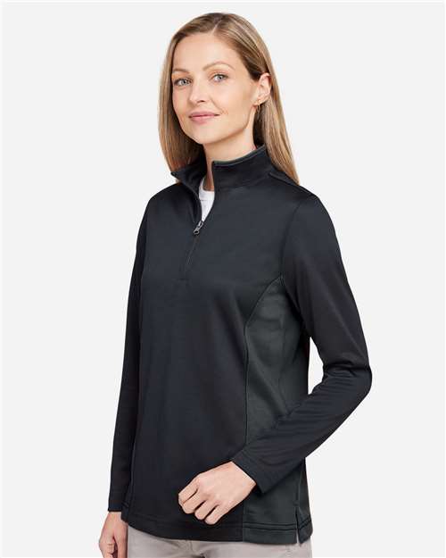 Harriton M786W Women's Flash Snag Protection Plus IL Colorblock Quarter-Zip Pullover - Black/ Dark Charcoal - model side