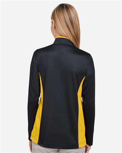 Harriton M786W Women's Flash Snag Protection Plus IL Colorblock Quarter-Zip Pullover - Black/ Sunray Yellow - model back