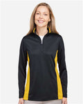 Harriton M786W Women's Flash Snag Protection Plus IL Colorblock Quarter-Zip Pullover - Black/ Sunray Yellow - model front