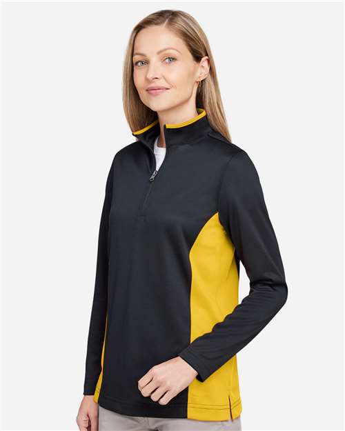 Harriton M786W Women's Flash Snag Protection Plus IL Colorblock Quarter-Zip Pullover - Black/ Sunray Yellow - model side