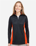 Harriton M786W Women's Flash Snag Protection Plus IL Colorblock Quarter-Zip Pullover - Black/ Team Orange - model front