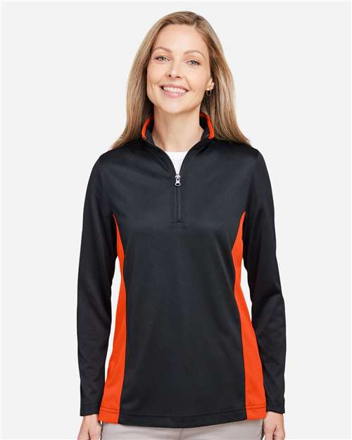 Harriton M786W Women's Flash Snag Protection Plus IL Colorblock Quarter-Zip Pullover - Black/ Team Orange - model front