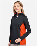 Harriton M786W Women's Flash Snag Protection Plus IL Colorblock Quarter-Zip Pullover - Black/ Team Orange - model side