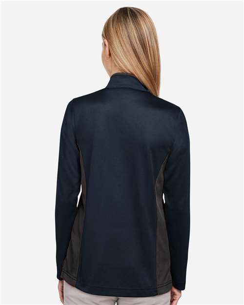 Harriton M786W Women's Flash Snag Protection Plus IL Colorblock Quarter-Zip Pullover - Dark Navy/ Dark Charcoal - model back