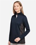 Harriton M786W Women's Flash Snag Protection Plus IL Colorblock Quarter-Zip Pullover - Dark Navy/ Dark Charcoal - model side