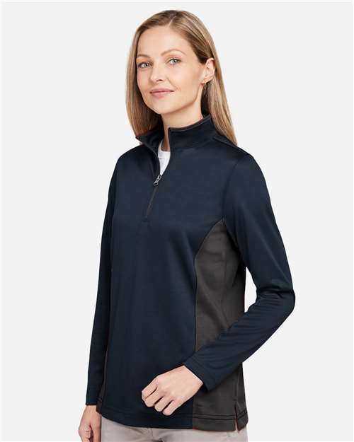 Harriton M786W Women's Flash Snag Protection Plus IL Colorblock Quarter-Zip Pullover - Dark Navy/ Dark Charcoal - model side