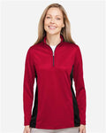 Harriton M786W Women's Flash Snag Protection Plus IL Colorblock Quarter-Zip Pullover - Red/ Black - model front