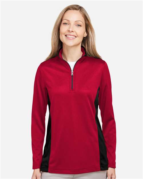 Harriton M786W Women's Flash Snag Protection Plus IL Colorblock Quarter-Zip Pullover - Red/ Black - model front