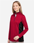 Harriton M786W Women's Flash Snag Protection Plus IL Colorblock Quarter-Zip Pullover - Red/ Black - model side
