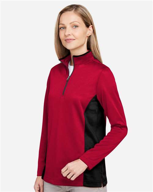 Harriton M786W Women's Flash Snag Protection Plus IL Colorblock Quarter-Zip Pullover - Red/ Black - model side
