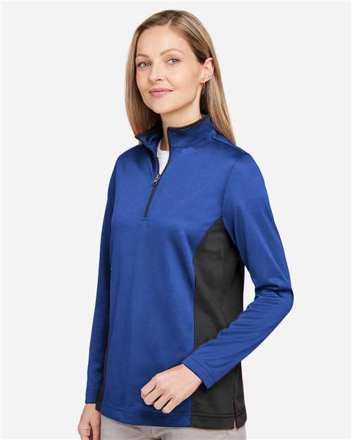 Harriton M786W Women's Flash Snag Protection Plus IL Colorblock Quarter-Zip Pullover - True Royal/ Black - model side