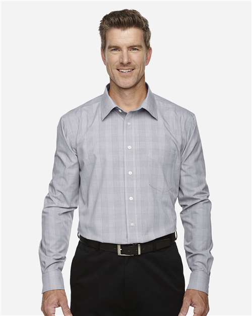 Devon & Jones DG520 Men's Crown Collection Glen Plaid Woven Dress Shirt - White/ Graphite/ Light Grey - model front